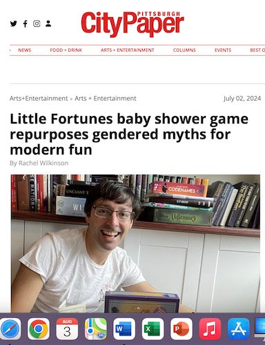 News article featuring pregnancy gift and baby shower game creator discussing pregnancy myths, folklore, and old wives tales.